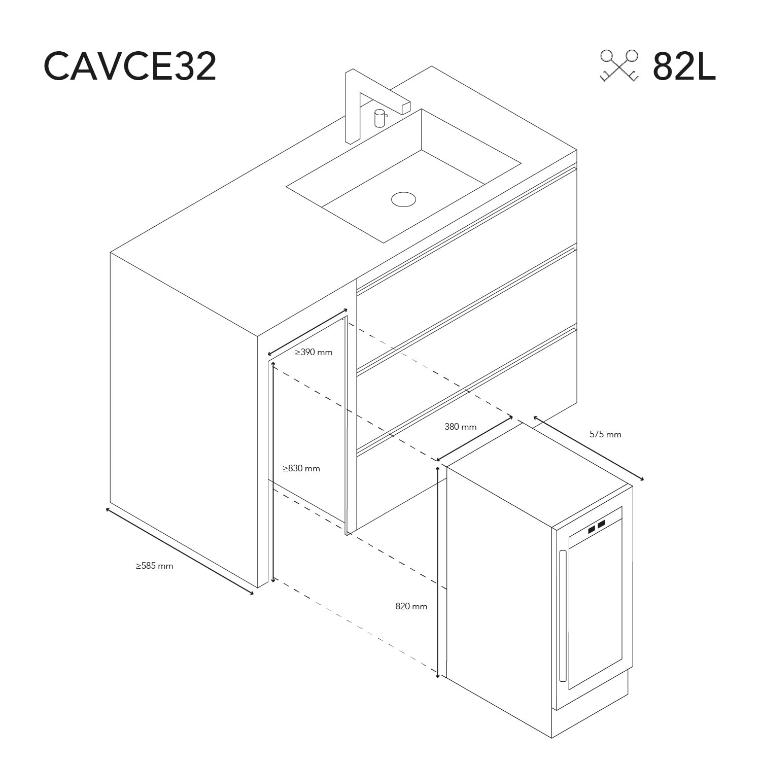 Les Petits Champs Cave à Vin Encastrable Sous Plan 32 Bouteilles CAVCE32, Capacité 82 L, Design Élégant en Acier Inoxydable, Réglable de 5°C à 20°C, Anti-UV, LED