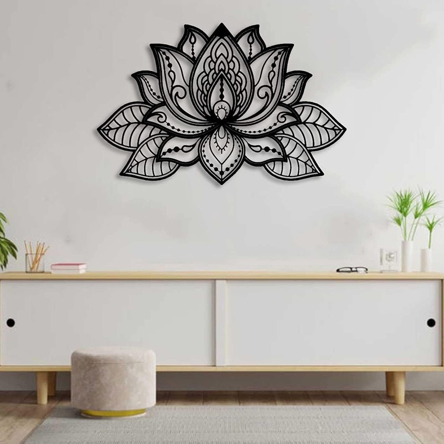 Grande decorazione da parete, decorazione da parete con fiore di loto in metallo, decorazione per la casa per yoga e meditazione, per soggiorno, camera da letto, ufficio e sala yoga,68*44CM,Black