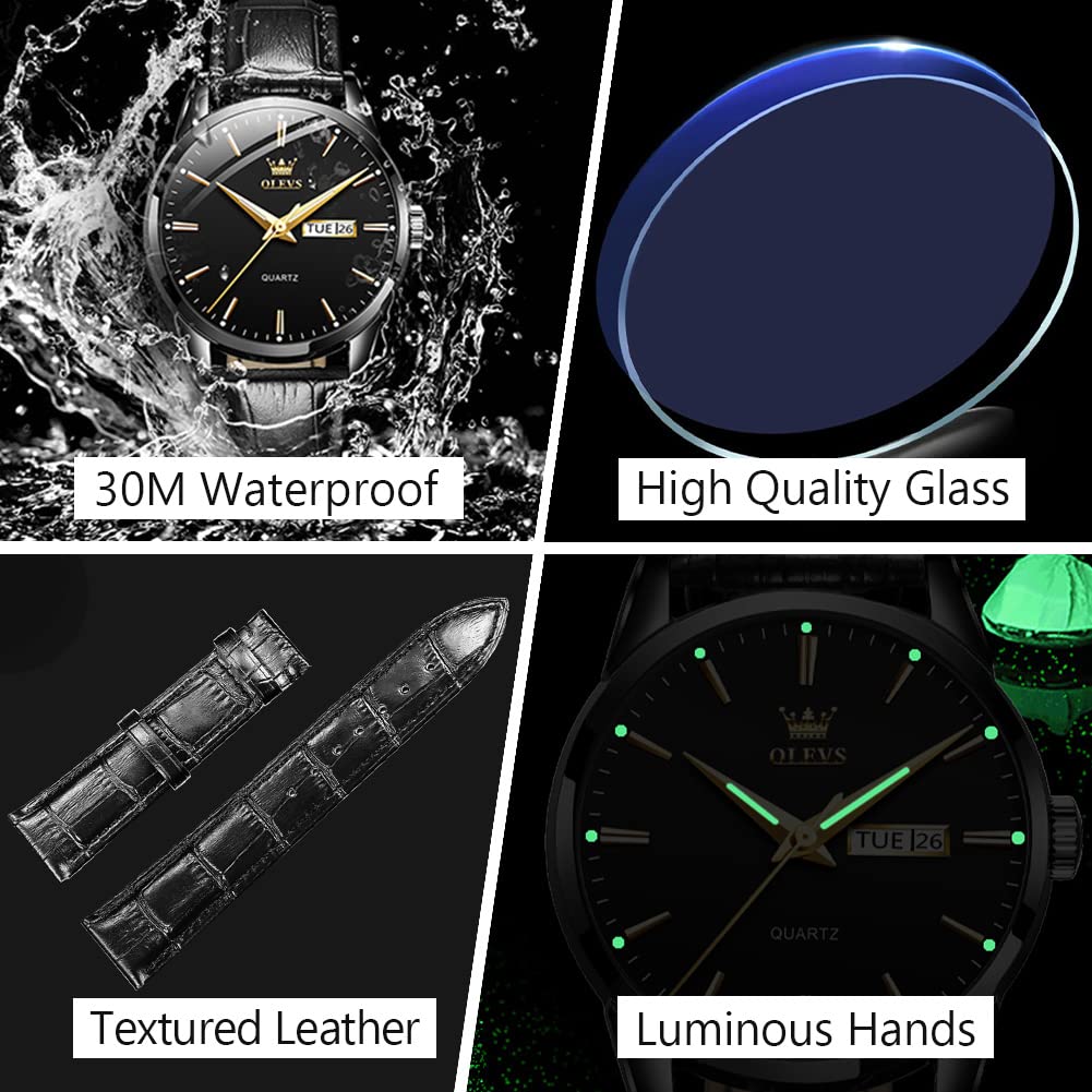 OLEVS Men's Simple Watch with Day and Date, Stainless Steel Analog Quartz Watches for Men, Classic Luminous Hands Men's Dress Watches, Black/White/Blue Dial