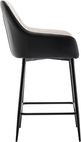 Miniatura 4 de BTEXPERT Juego de 2 sillas de bar tapizadas de alta calidad con respaldo alto de 25 pulgadas, tela beige acolchada con piel sintética negra