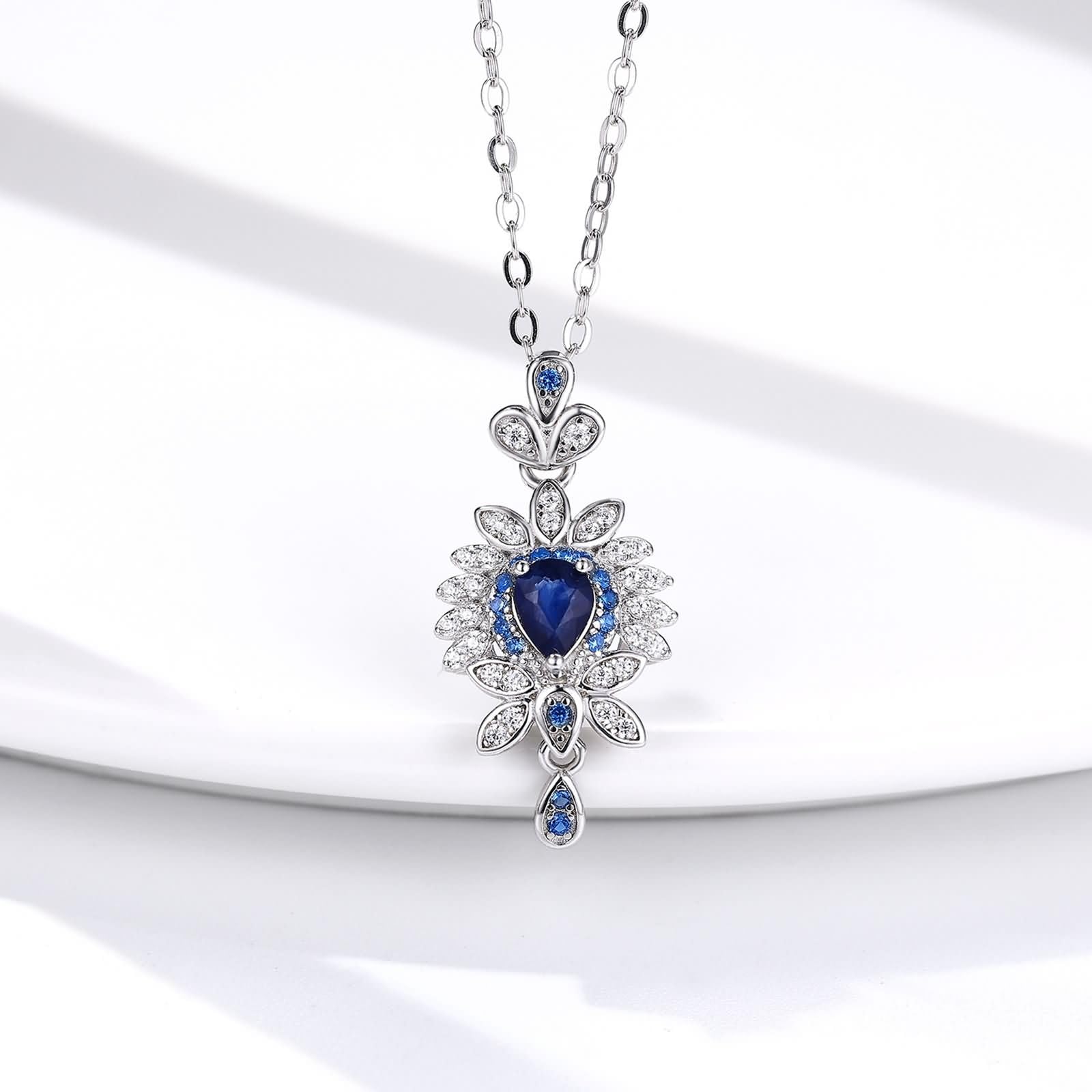 Catenina Collana in Argento Sterling 925,Collane Catena Fiore e Pera con Zaffiro Sintetico Collana Blu Argento con Ciondolo Donna