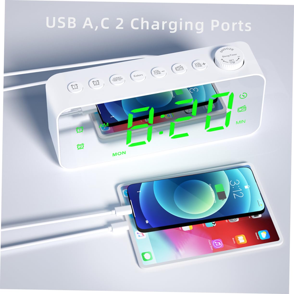 Radio Despertador de Pantalla Grande para Dormitorio Radio y Función de Carga USB como Despertador Digital para Obsequio