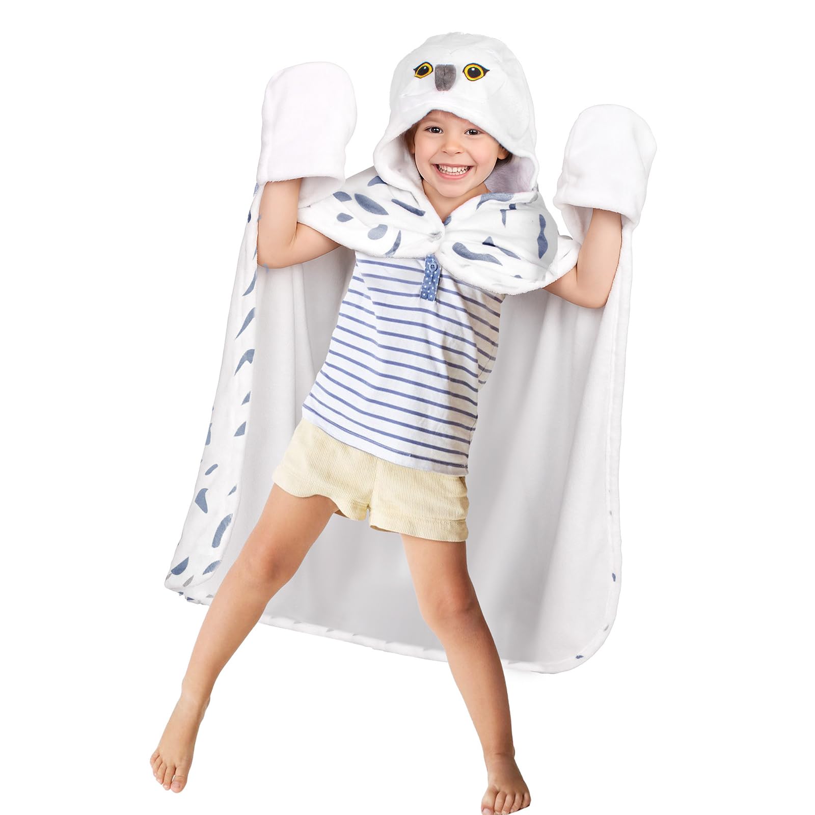 Wearable Blanket Hoodie, Snowy Owl Hooded Blanket Cloak with Gloves, Super Soft Owl Gifts for Adults Kids Birthday Holiday