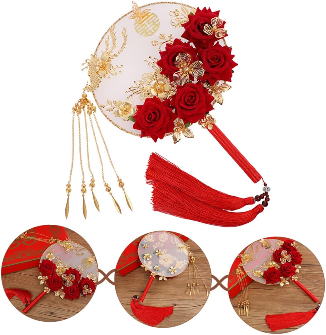 Chinese Style Bride Round Fan Vintage Luxury Handheld Fan for Weddings Dance Props and Home Decor Featuring Roses for Bridal Showers and Special Occasions