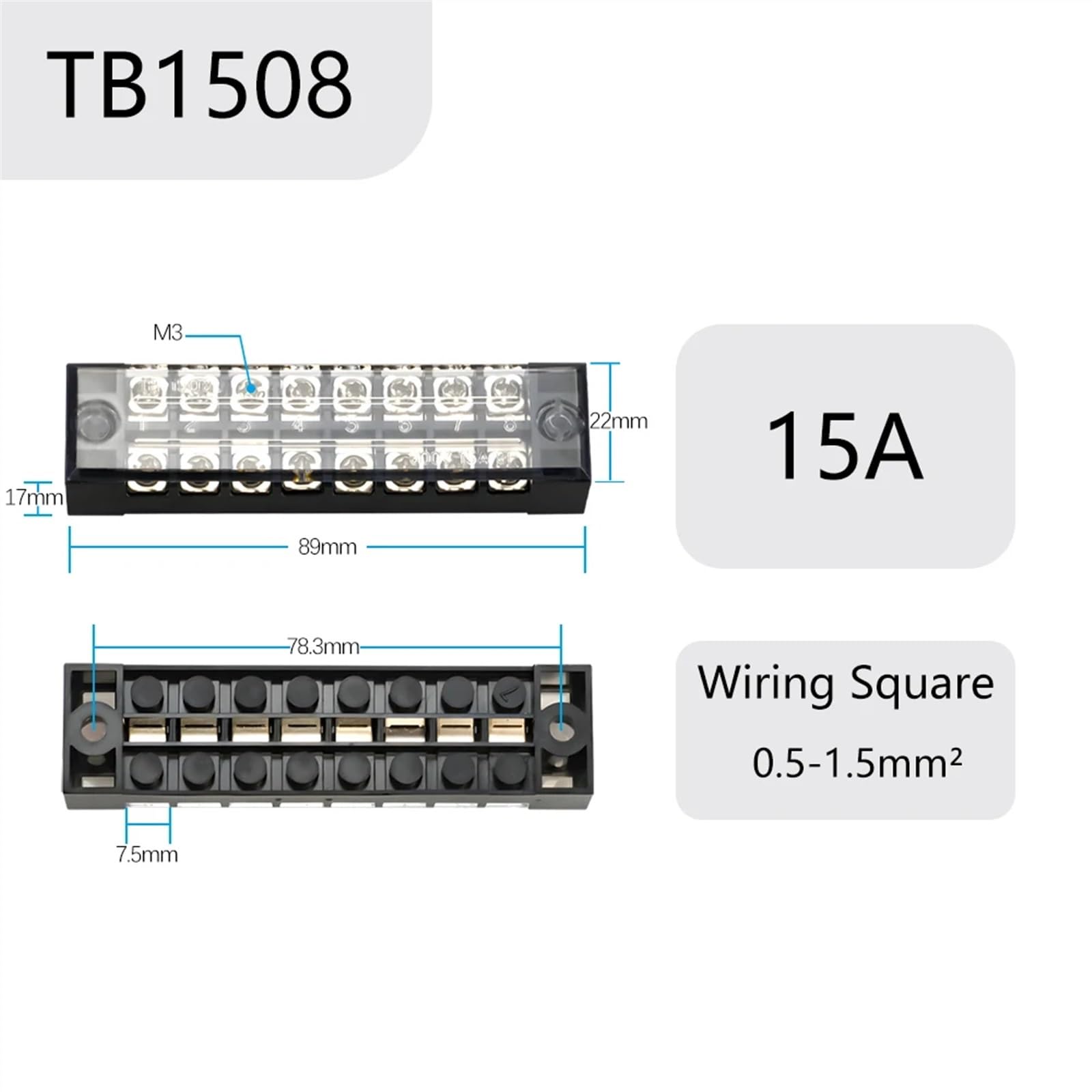 1 Piece TB15 Barrier Screw Terminal Blocks TB Series Wire Connector 600V 15A 3/4/6/8/10/12 Positions Brass Connector Barrier(TB1508)