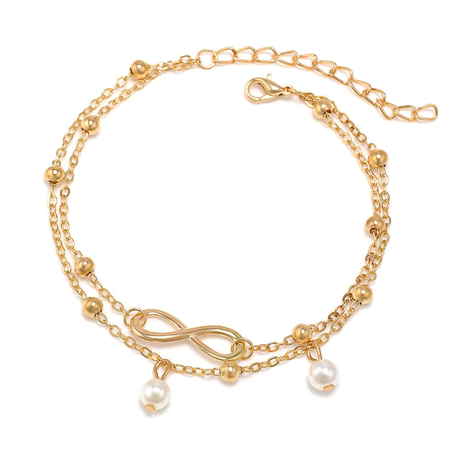 CHEERYMAGIC Boho Double Anklet Silver Pearl Ankle Bracelet with Extension Chain, Beads Chain 8 Characters Forever Foot Jewelry for Women and Girls A3YHJL
