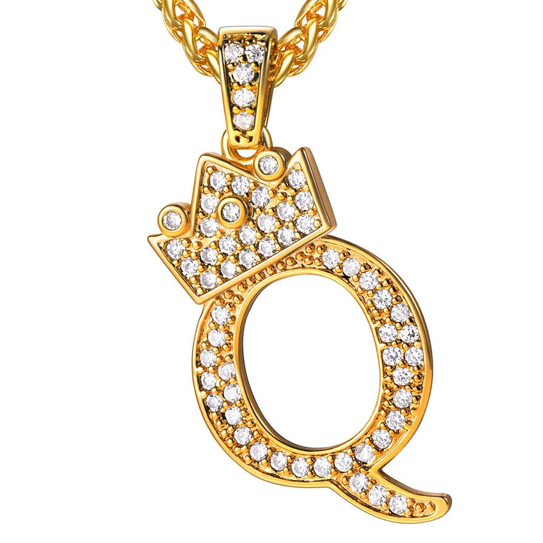 U7 Crown Initial Necklace Men Women, Bling Diamond A-Z 0-9 Letter Pendant with Wheat Chain, Silver/Black/Gold Plated CZ Alphabet Number Hip Hop