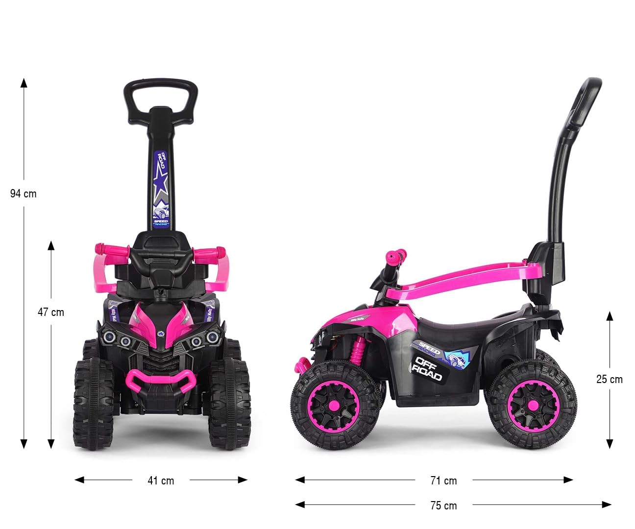 Milly Mally Wild przesuwny samochód dla dzieci z drążkiem do pchania | Quad terenowy 3 w 1 dla małych dzieci w wieku od 12 do 36 miesięcy, antypoślizgowy pojazd z oświetleniem LED, dźwiękiem i listwą