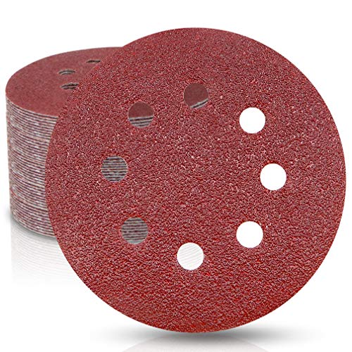 Image of 50 Pieces WooZuu 8 Holes Sanding Discs Pads 60 Grit 5 Inch Hook and Loop Sandpaper Assortment for Random Orbital Sander