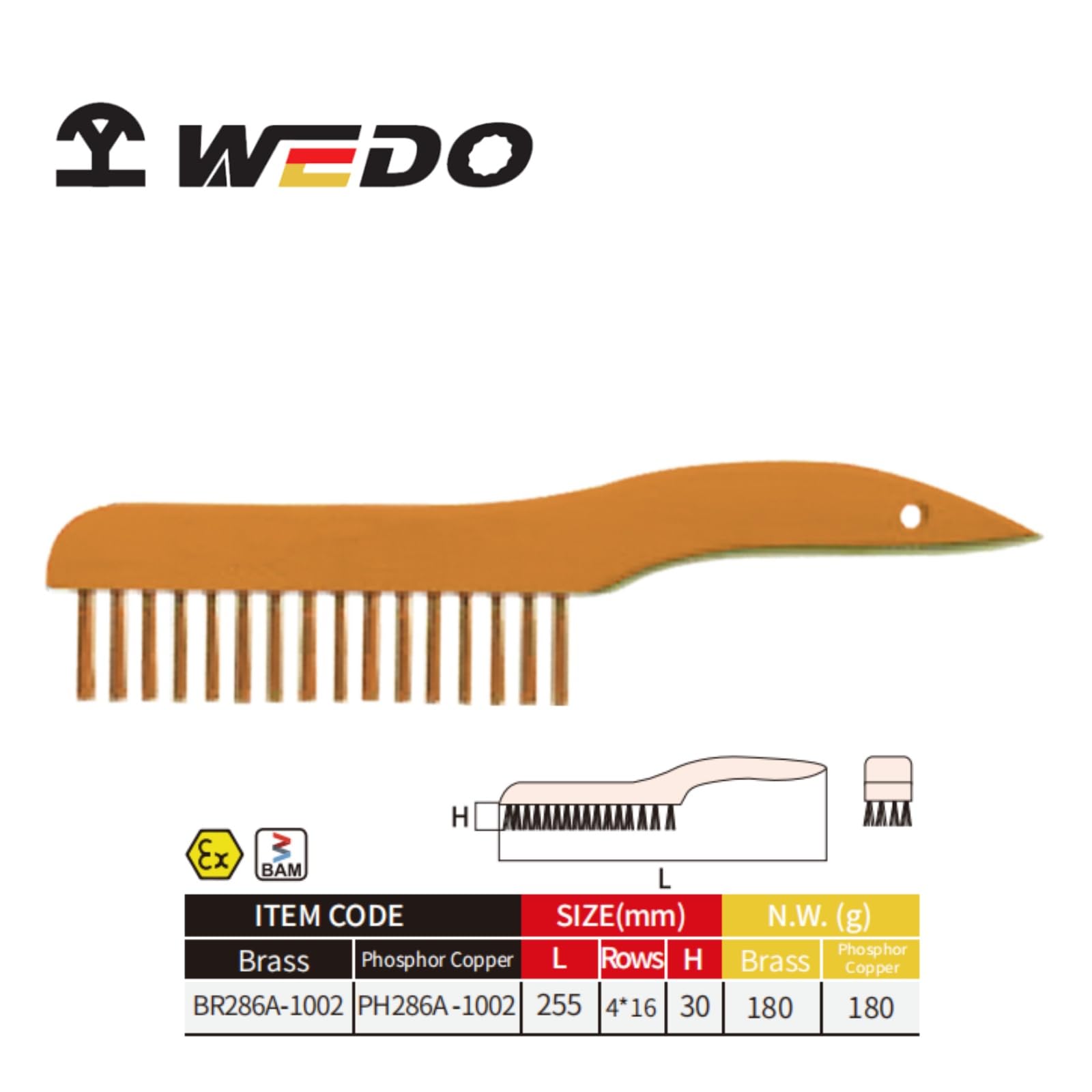 WEDO Cepillo de bronce fosforado, cepillo de alambre de cerdas de latón suave de 10 pulgadas para eliminación de pintura, limpieza de óxido de metal, soldaduras, cepillo de 4 filas y 16 columnas