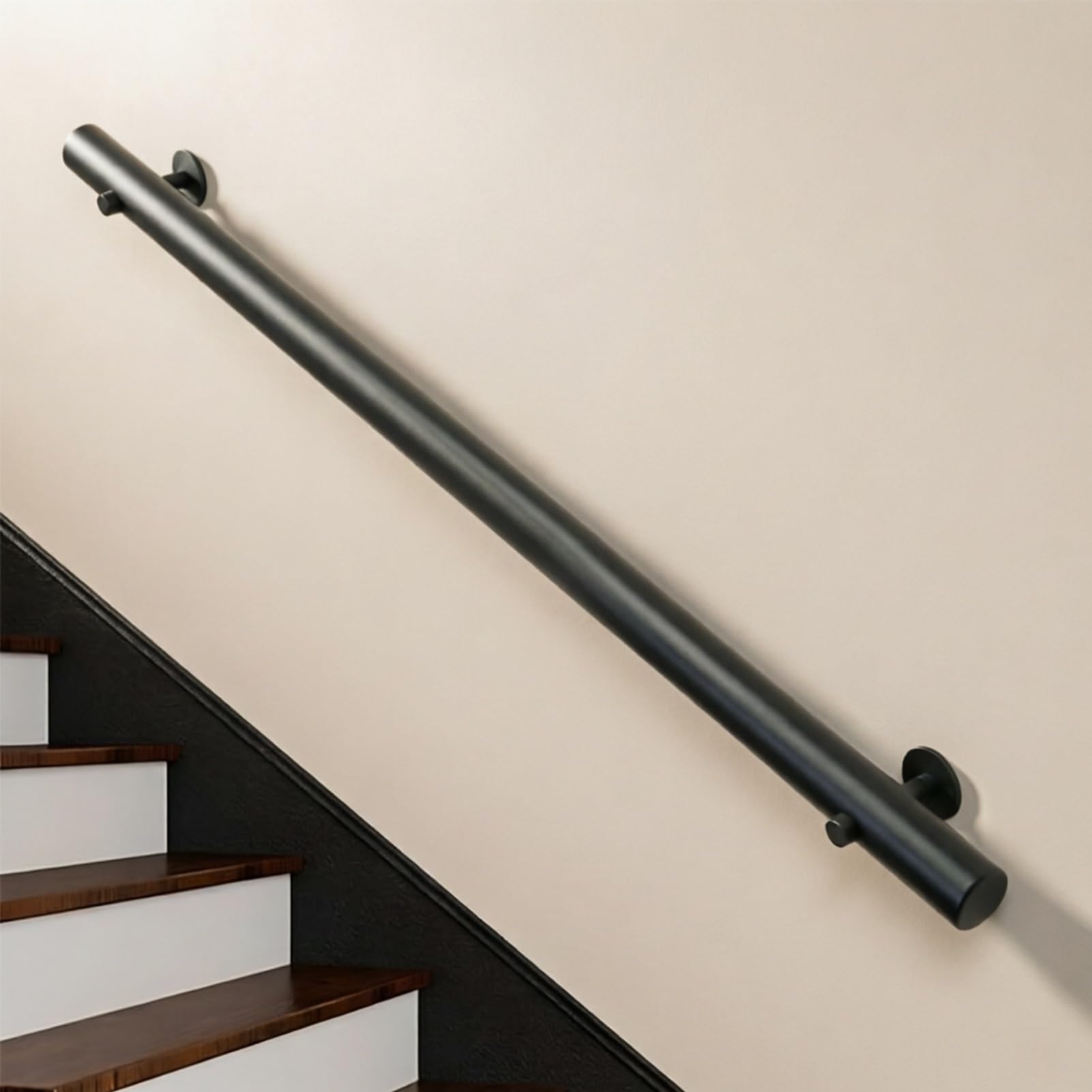 DMCHENGMA 30cm-450cm Solid Wood Stair Handrail - Black Round Wall Mounted Banister for Indoor & Outdoor Steps(8.2ft/250cm)