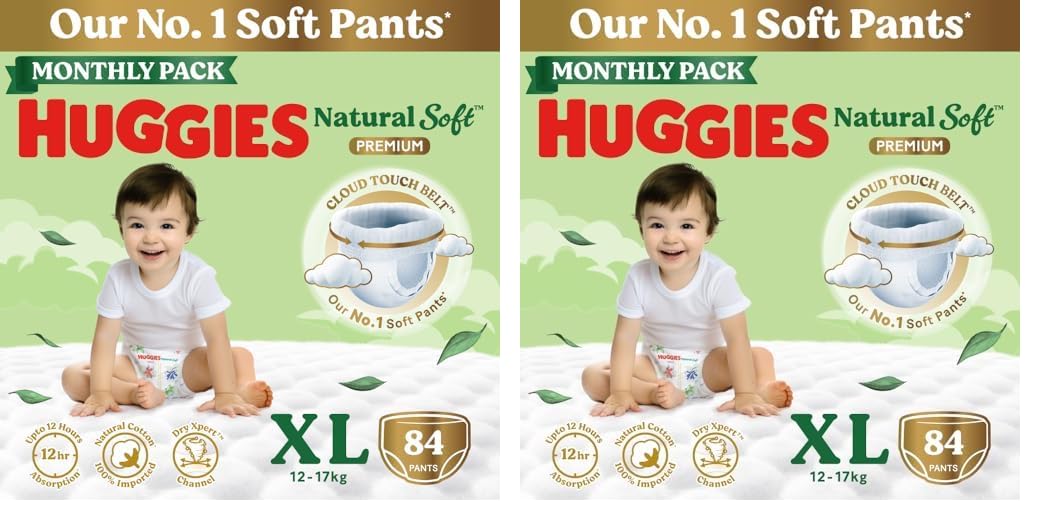 Huggies Natural Soft Premium Baby Diaper Pants, Our No.1 Soft Pants, Extra Large (XL) Size (12-17 Kgs), Monthly Pack of 168 diapers | Cloud Softness All over with India's 1st Cloud Touch Belt-image-32
