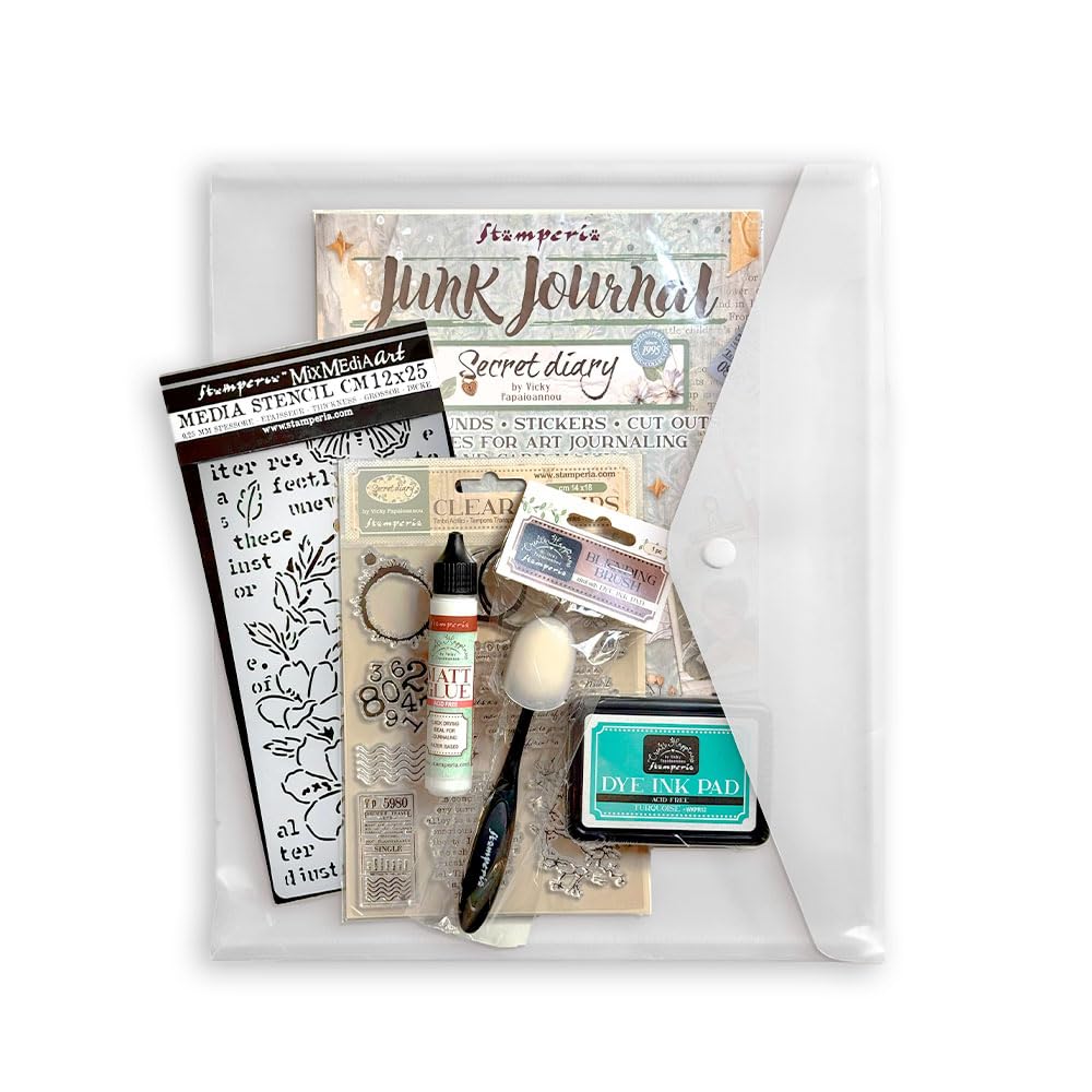 Stamperia - Art Journaling Selection with Junk Journal, Stamp, Ink Pad, Stencil, and Tools Including Tutorial by Vicky Papaioannou. Perfect Set for Card Making, Journalling and Crafts (Secret Diary)
