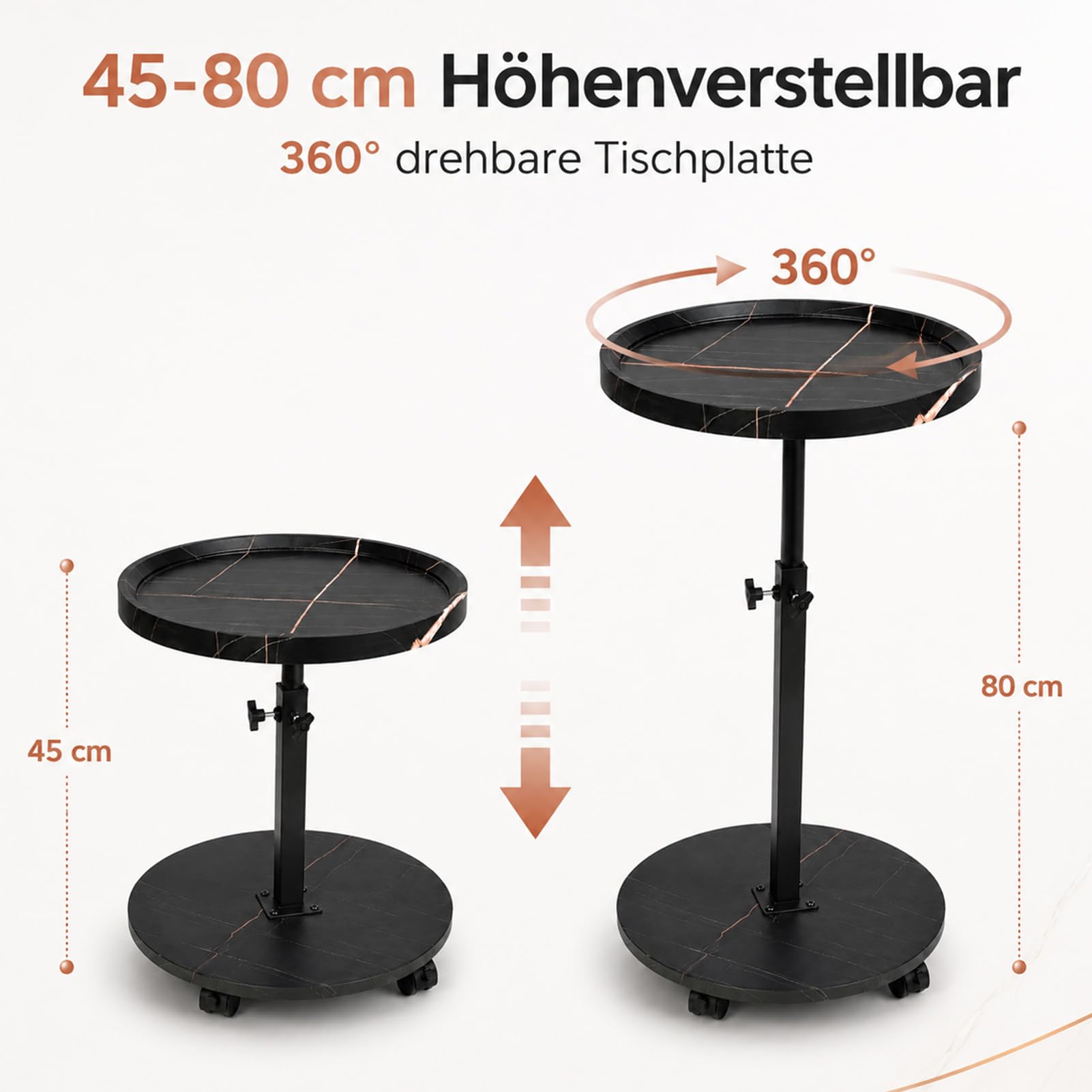 Beistelltisch Rund mit Rollen | Beistelltisch Höhenverstellbar (45-80cm) | Runde Beistelltische Holz Haben 360° Rotierend Nussbaum Finish | Couchtisch Klein für Wohnzimmer Sofa Couch (Schwarz)