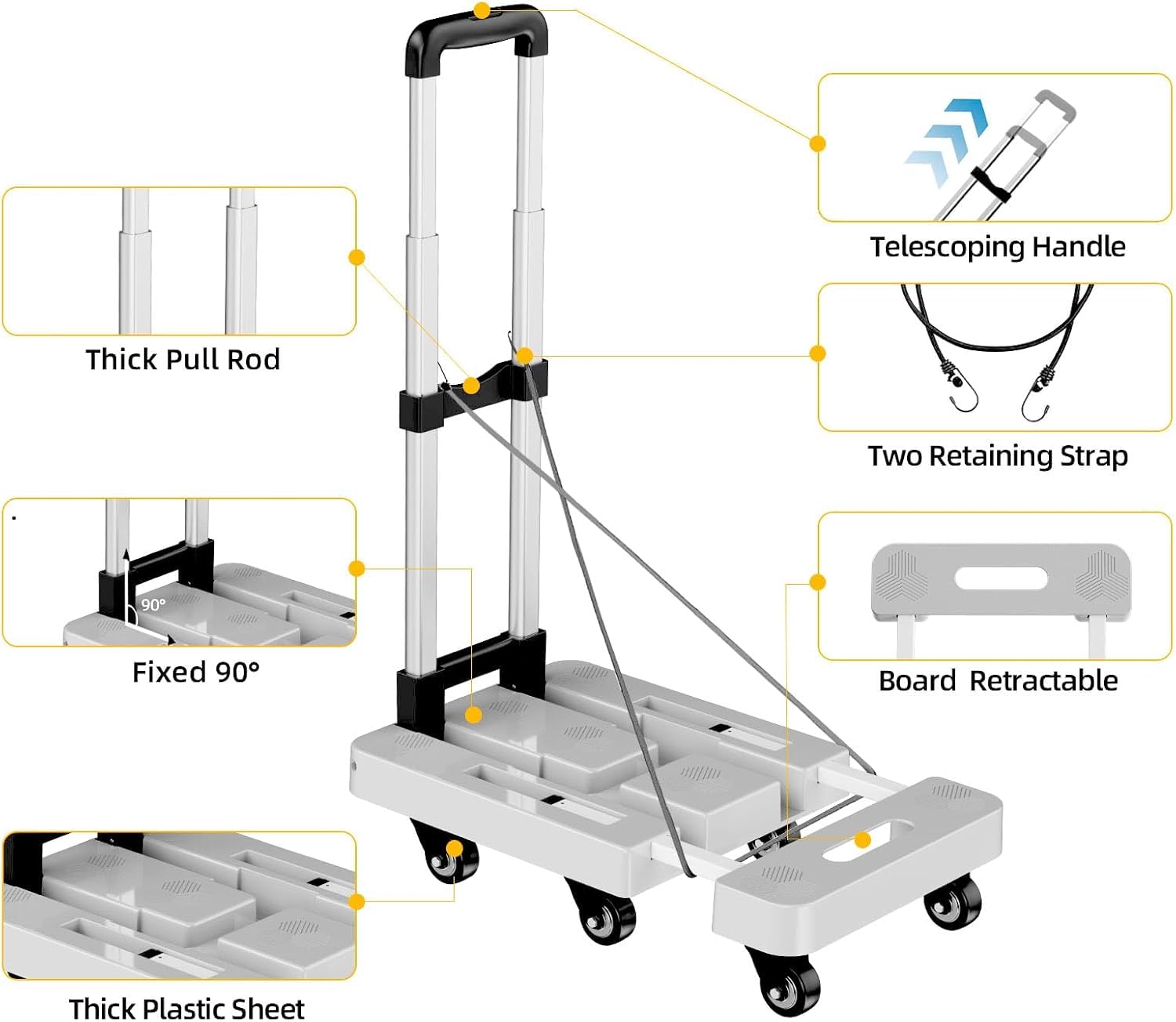 Carretilla de mano plegable, carrito resistente de 6 ruedas, capacidad de 500 libras, mango y base ajustables, plataforma portátil para mudanzas, oficina y viajes, incluye 2 cuerdas y bolsa de