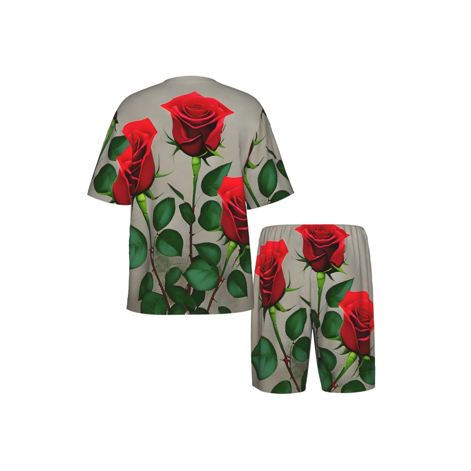 Conjunto de pijama clásico para hombre con estampado de rosas rojas, pantalones cortos de pijama suaves para hombre, perfecto para las noches de verano