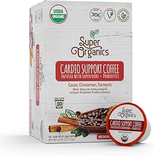 Super Organics Cardio Support Coffee Brew Cups With Superfoods & Probiotics Keurig K-Cup Compatible Cardiovascular Health Medium Roast, USDA Certified Organic, Vegan Coffee, 10ct