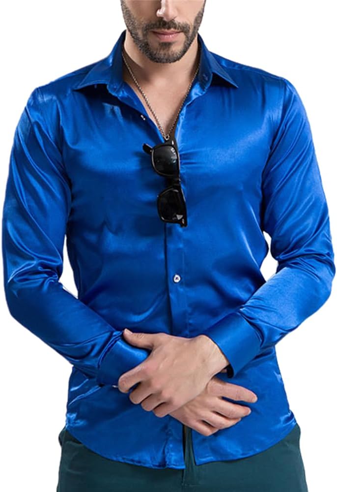 PARKLEES Camicia Da Uomo Casual Di Lusso Stampata In Seta Come Raso Abbottonata Per Festa Di Nozze Cl11 Beige Xl 104826036