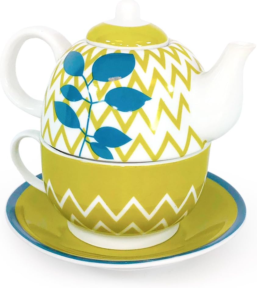 FADS Teapot Cup and Saucer Serving Set (Different Designs Available) (Mustard Yellow)