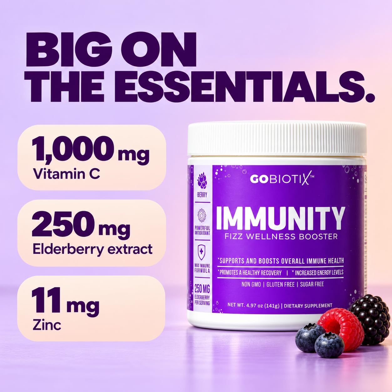 GOBIOTIX Vitamin C - Immune Defense Support Supplement - Immunity Powder Wellness Booster - Vegan Superfood - Elderberry, Turmeric, B12 Vitamin Supplement, Non-GMO and Sugar Free (Berry) — Amazon image 3