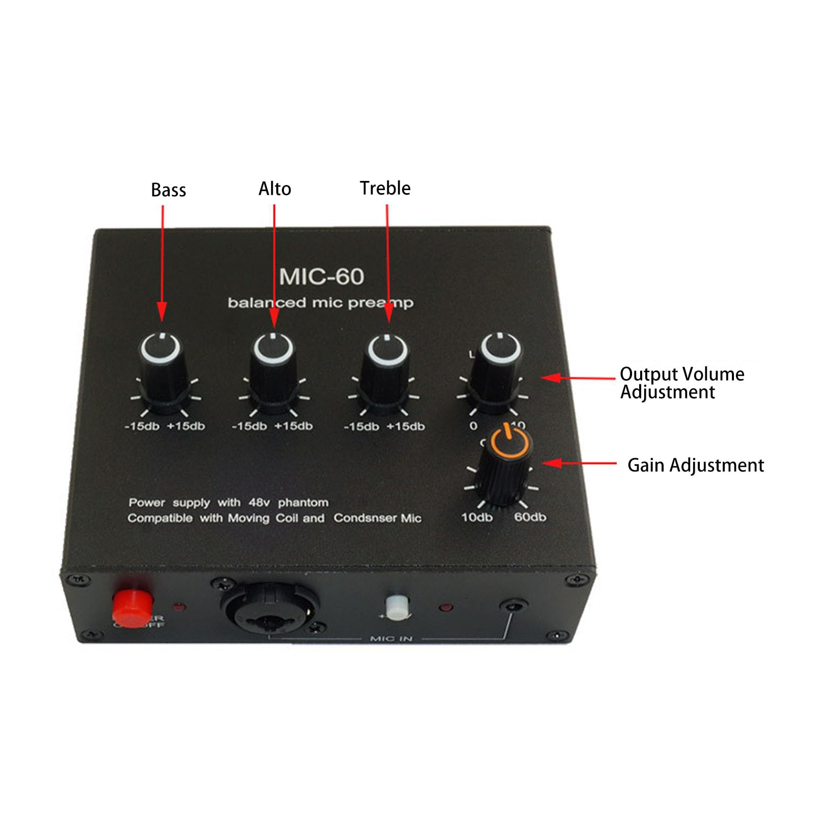 CHICIRIS Preamp de Micrófono 60dB de Ganancia de Micrófono, 3.5 Mm de 6.5 Mm XLR Intput Output Preamplificador con Potencia Fantasma de 48V, AMP Dinámico de Micrófono y Condensador para