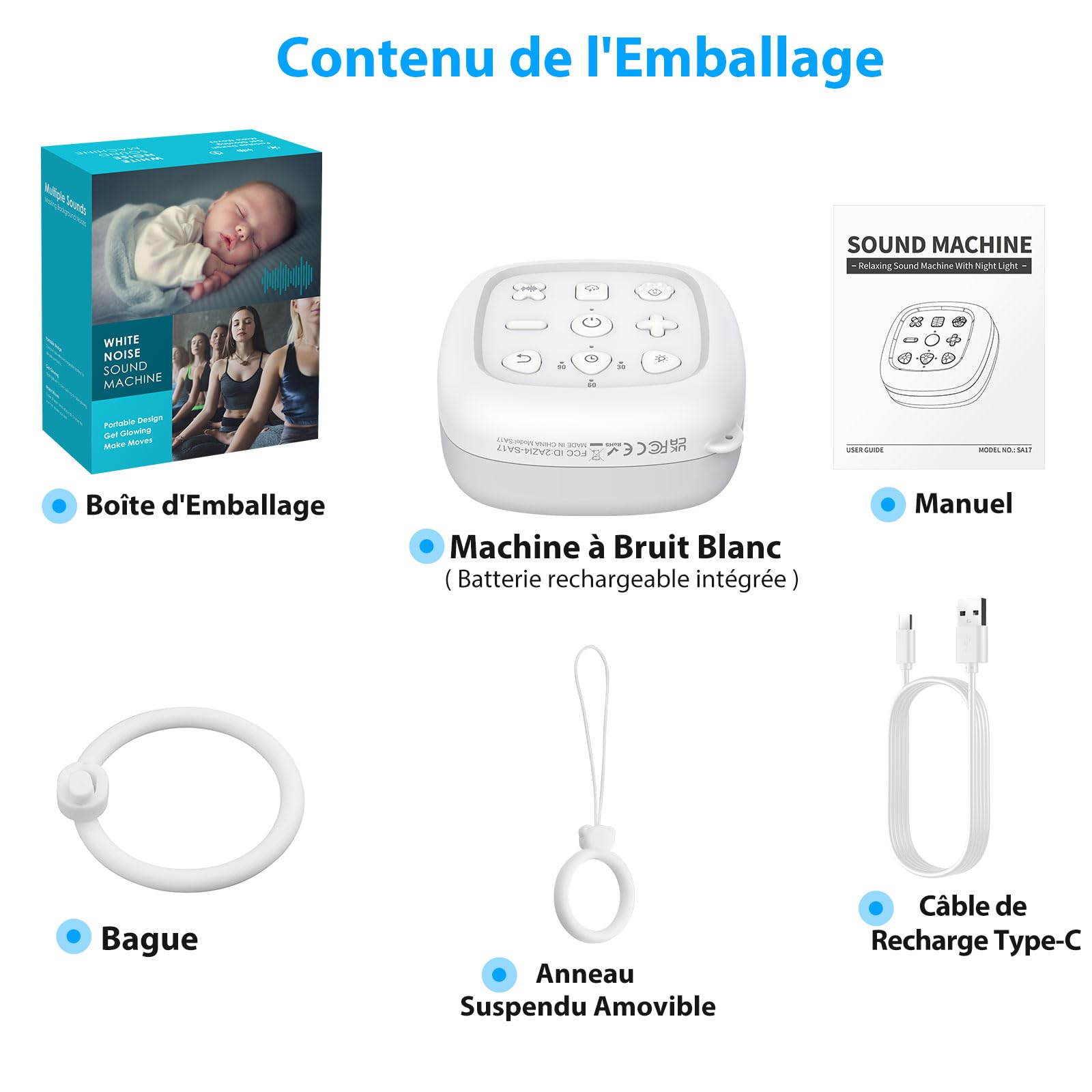 eSynic Mini Veilleuse Bruit Blanc Machine à Sommeil Machine à Bruit Blanc Portable pour Bébé, 30 Sons de Sommeil et 7 Couleurs de Lumière de Nuit pour Bébé