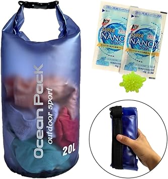 Amazon Co Jp Fattu 洗濯袋 洗濯バッグ 洗濯 旅行 旅行便利グッズ 持ち運び 防水 携帯 洗剤2p 洗濯ボール ショルダー 説明書 セット 青 10l洗濯ロープ付き ホーム キッチン