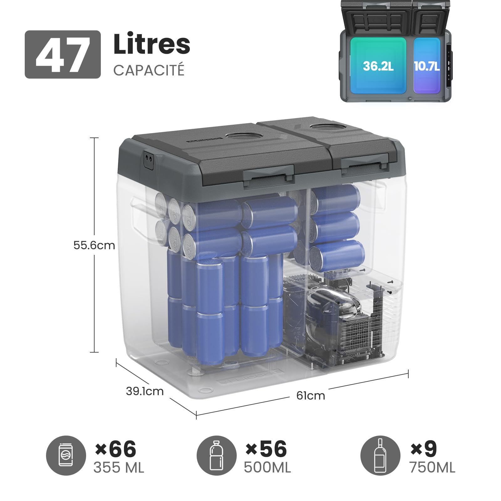 Alpicool KLS58 Réfrigérateur de Voiture 47L avec APP,Dual Zone Glacière à Compression 2026,12V/24V DC 100-240V AC,Frigo Voiture pour Camion,Camping,-20℃-20℃,Plateau à Glaçons Offert,Noire