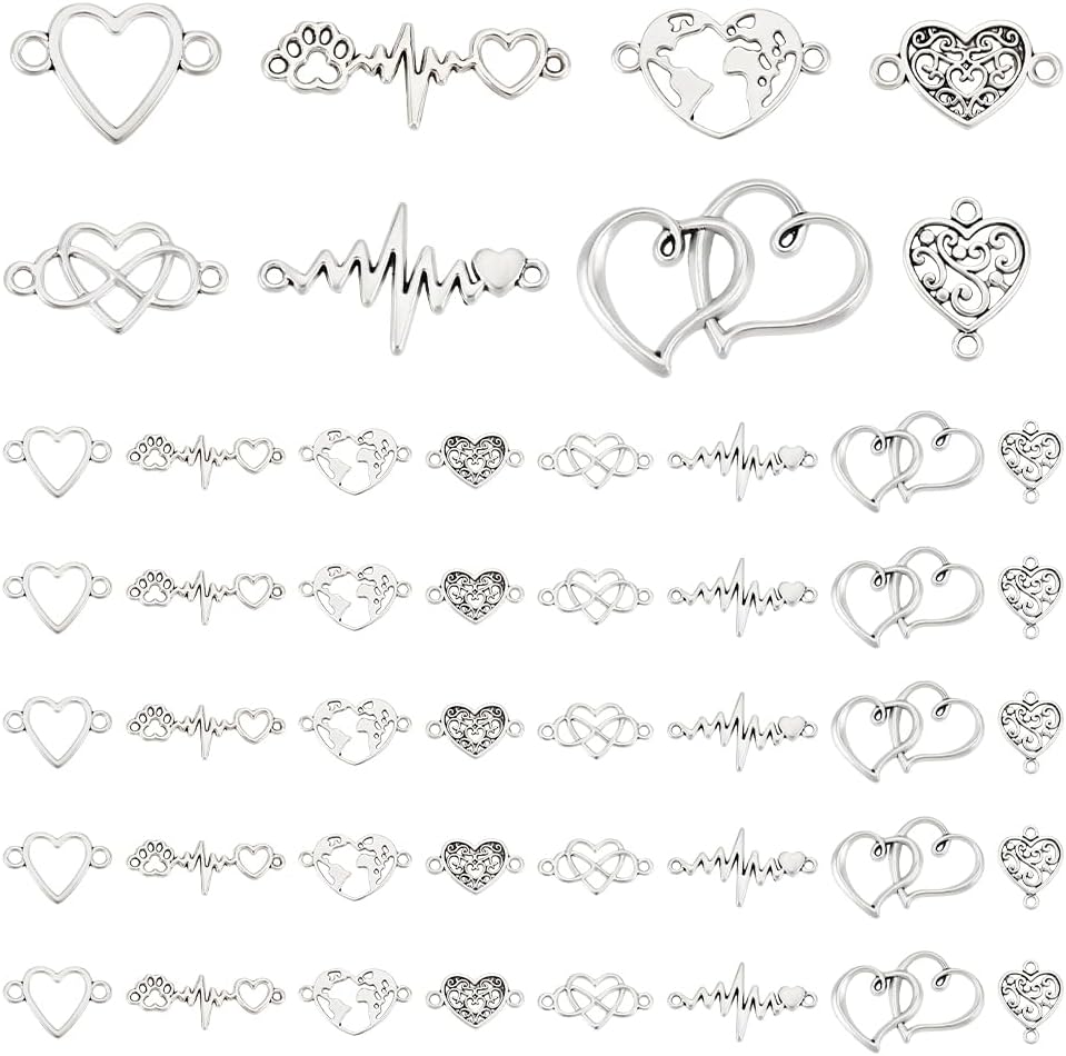 UNICRAFTALE 80Pcs 8 Styles Heart Connector Charms Tibetan Style Charms Heart Links Hollow Heart Charms Love Jewelry Connectors for DIY Earrings Necklaces Bracelets Making for Valentine's Day