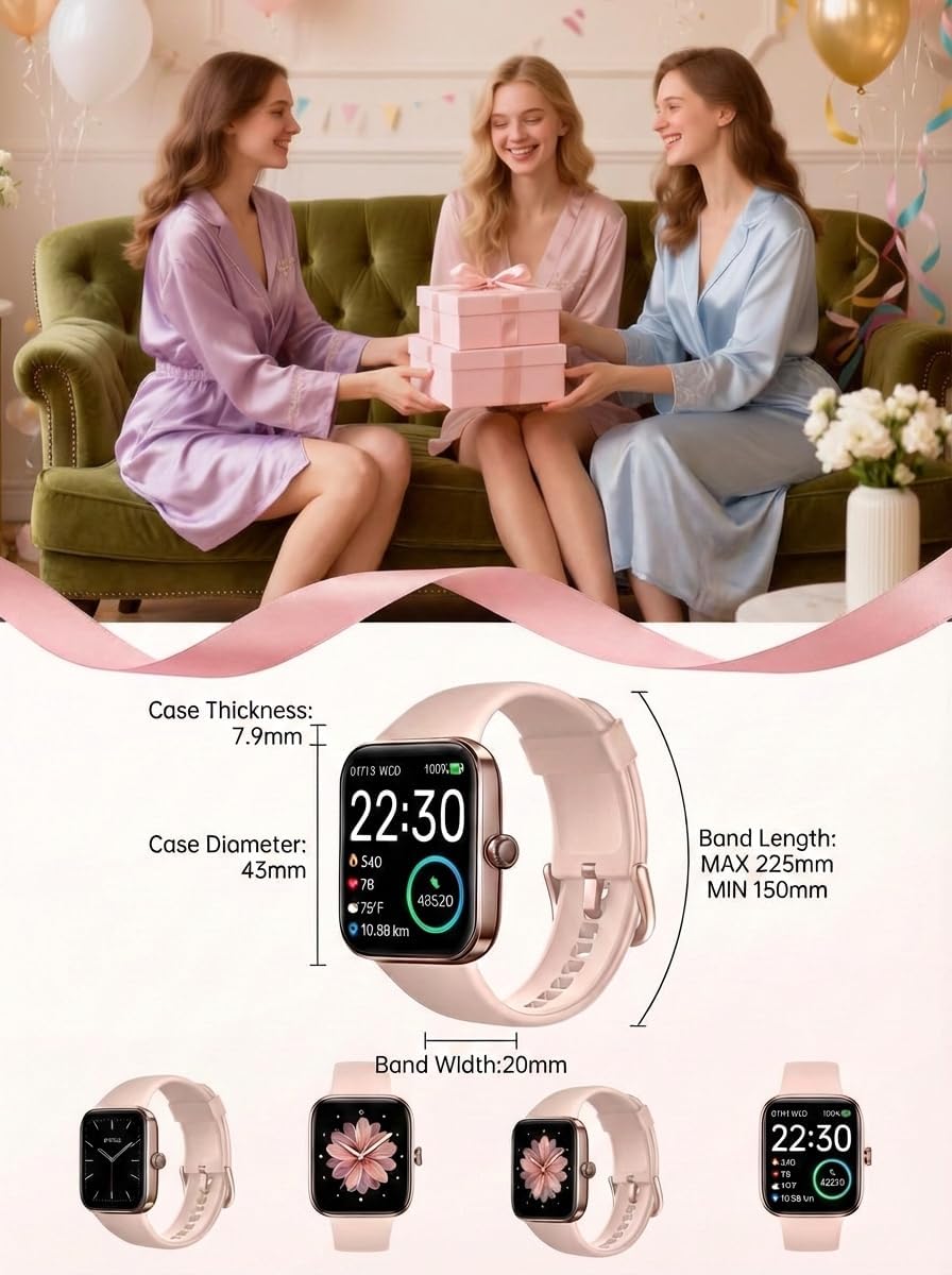 SKG Smart Watch for Women, Fitness Tracker with 5ATM Swimming Waterproof, Sleep Monitor, 1.7'' Touch Screen Smartwatch Fitness Watch for Android-iPhone iOS,V7 Pink