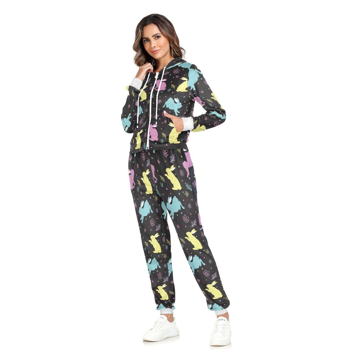 Conjunto deportivo de 2 piezas para mujer, diseño de conejito de Pascua, manga larga, conjunto deportivo de conejo