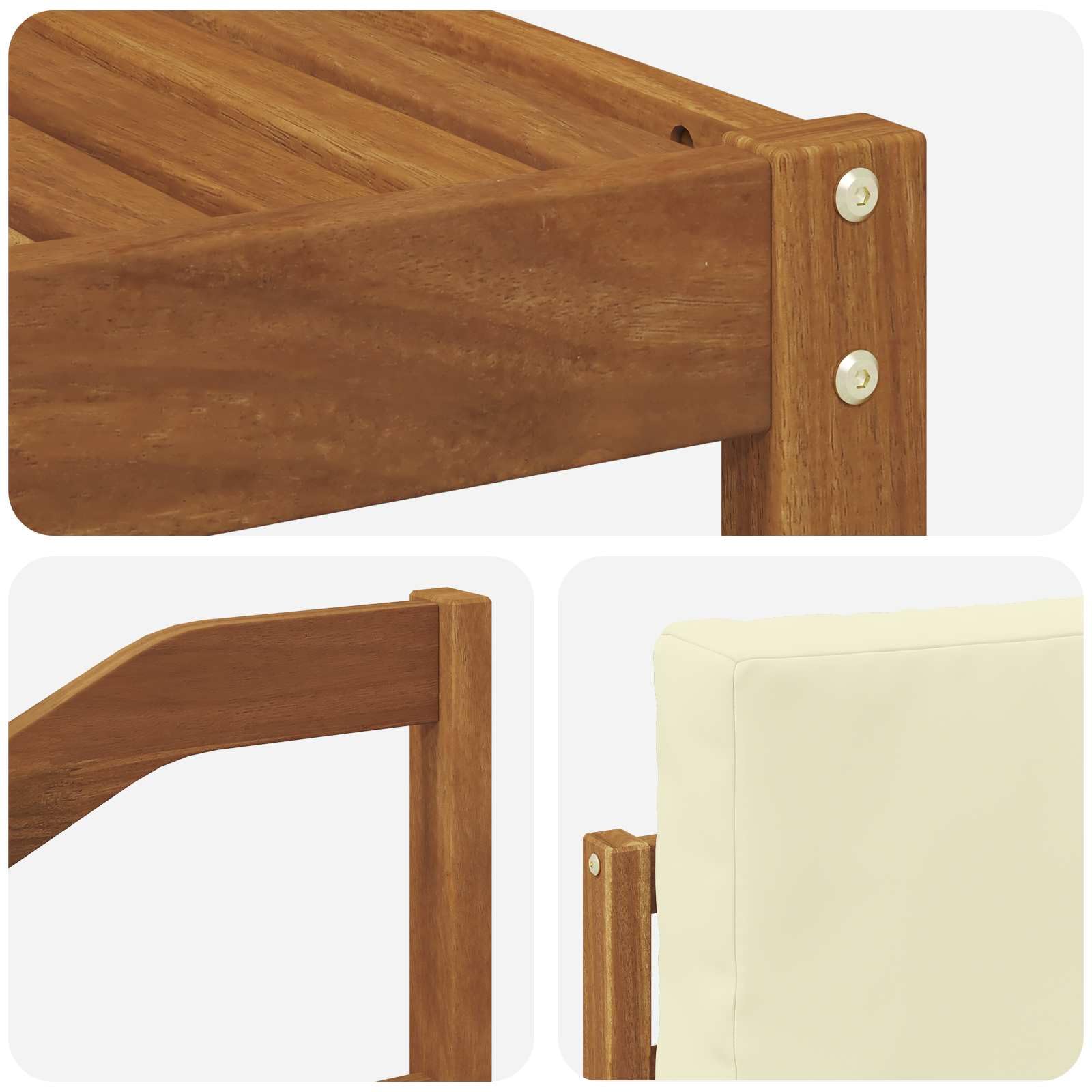 Outdoor-Sofagarnitur 6-teilig mit Kissen aus massivem Akazienholz Natur Creme, inklusive Tisch, Hocker und Armlehnen, wetterbeständig, modernes Latten-Design für Terrasse Balkon Garten