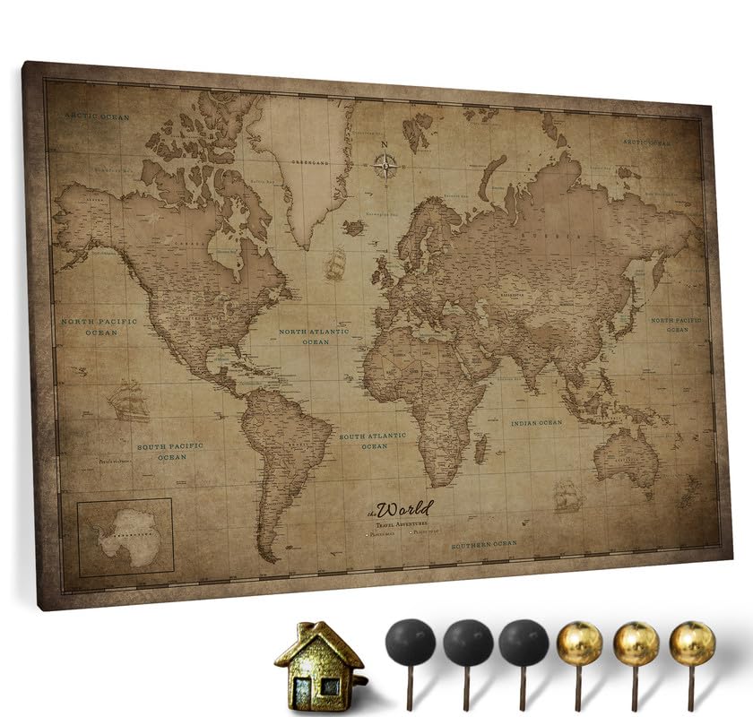 Canvas World Map with Cork Pin Board - English Lettering - Decorative Wall Decoration for All Rooms - Canvas Pictures with World Map Motif (120x80 cm, Pattern 11) — image 1