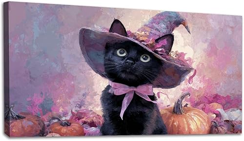 Miniatura 24 de 30"x 60" Canvas Wall Art Vintage Halloween Spooky Ghost Witch Black Cat Crow Painting Framed Pictures Painting Prints Large Wall Art for Living Room