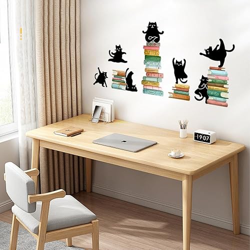 Miniatura 3 de SUPERDANT Calcomanía de pared con temática de lectura, diseño de gatos negros en los libros, decoración artística para aula, biblioteca, guardería,