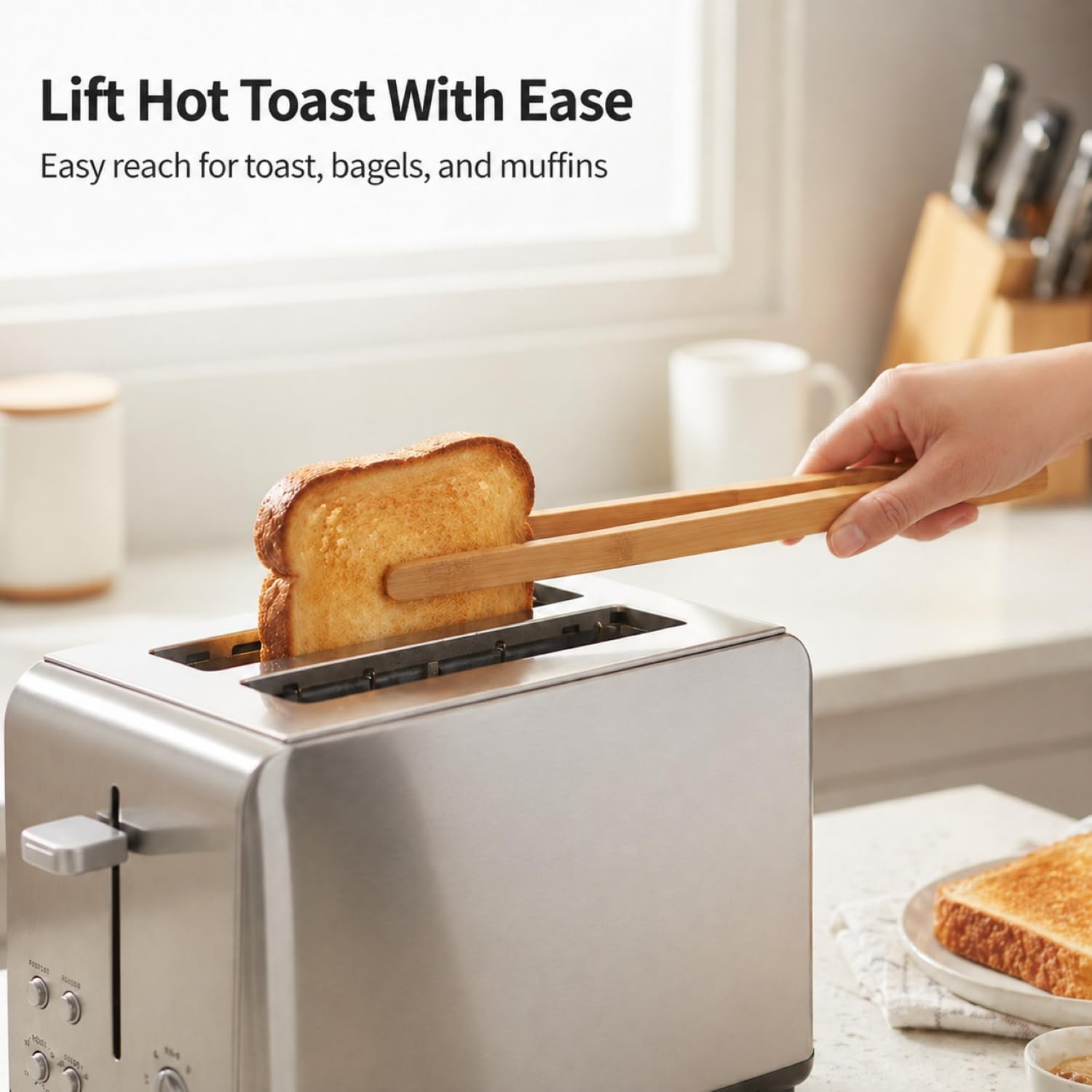 I-MART 2 Pack 12-Inch Bamboo Toaster Tongs, Wooden Toast Tongs for Cooking, Reusable and Safe Bamboo Kitchen Utensils for Bread, Bacon, Muffins, Bagels image 2