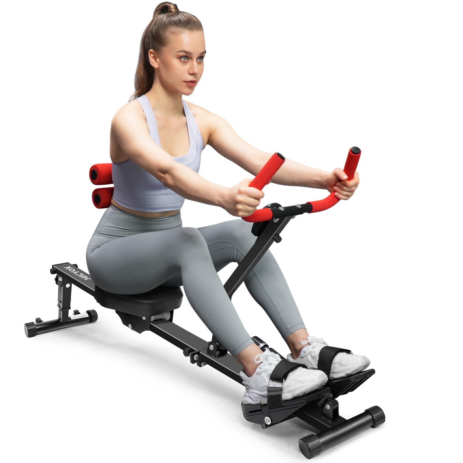 Rudergerät für Zuhause, Micyox Hydraulisches Fitness-Rudergerät mit 12 Widerstandsstufen, Multifunktionaler Rückenlehne, Micyox Heimtrainer Fahrrad Klappbar mit LCD-Display