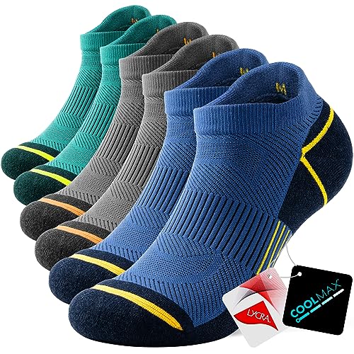 TANSTC Calcetines deportivos para hombre, antiampollas, de licra, para hombres y mujeres, acolchados, con soporte de arco, compresión que absorbe la humedad, 3 pares, Verde, azul y gris, 9-12