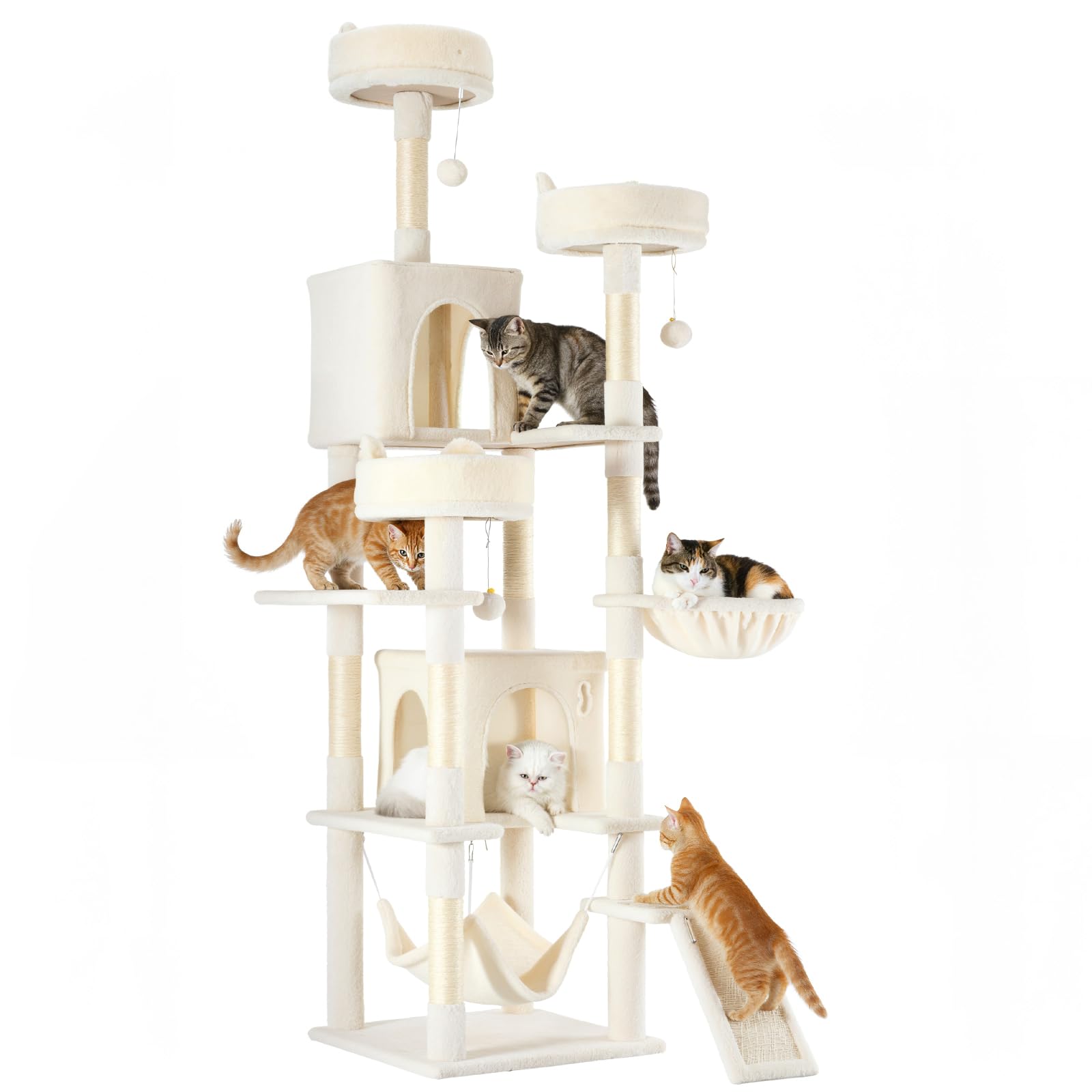 Sweetcrispy Cat Tree 75 Inch, Large Multi-Level Tall Cat Tree Tower with Condo, Perches, Sisal Scratching Posts Board and Hammock, Pet Play House with Dangling Balls for Indoor Cats, Beige