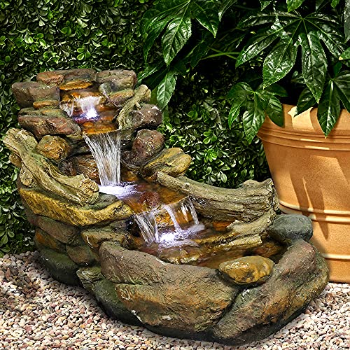 Image of SunJet Cascading Outdoor Rock Water Fountain with LED Lights - 39 inch L x 15 inch W x 19 inch H Creek Waterfall Feature for Home Garden, Yard, Patio, Deck Decor - Soothing Tranquility Floor-Standing Fountains
