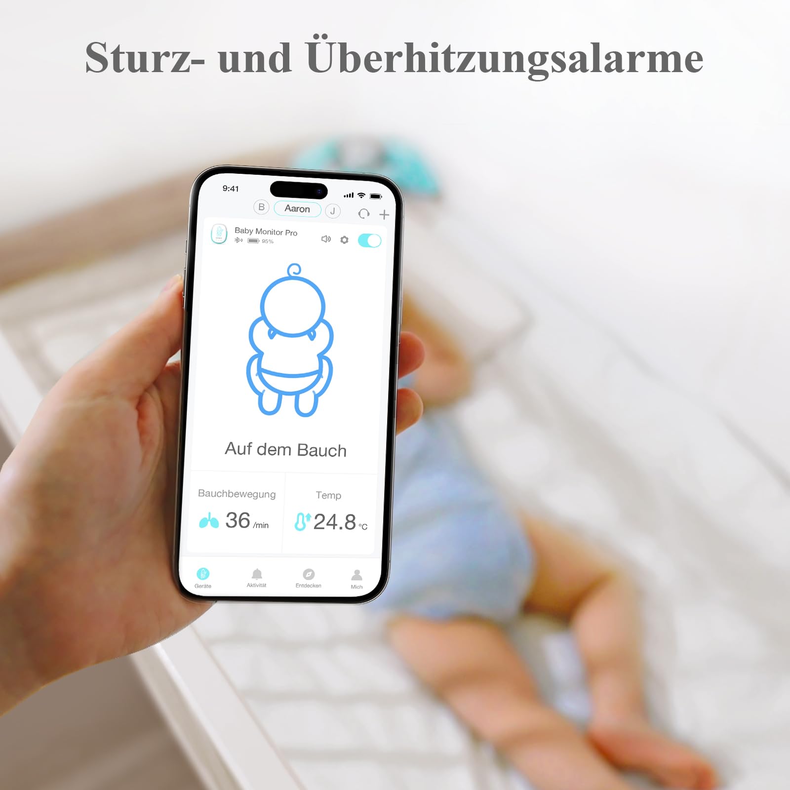 Sense-U Pro Baby-Bewegungsmonitor (große Reichweite): Erfasst Bewegung, Umdrehen & Temperatur überall, mit Vibrationswecker, akustischen Alarmen & Schlaferfassung