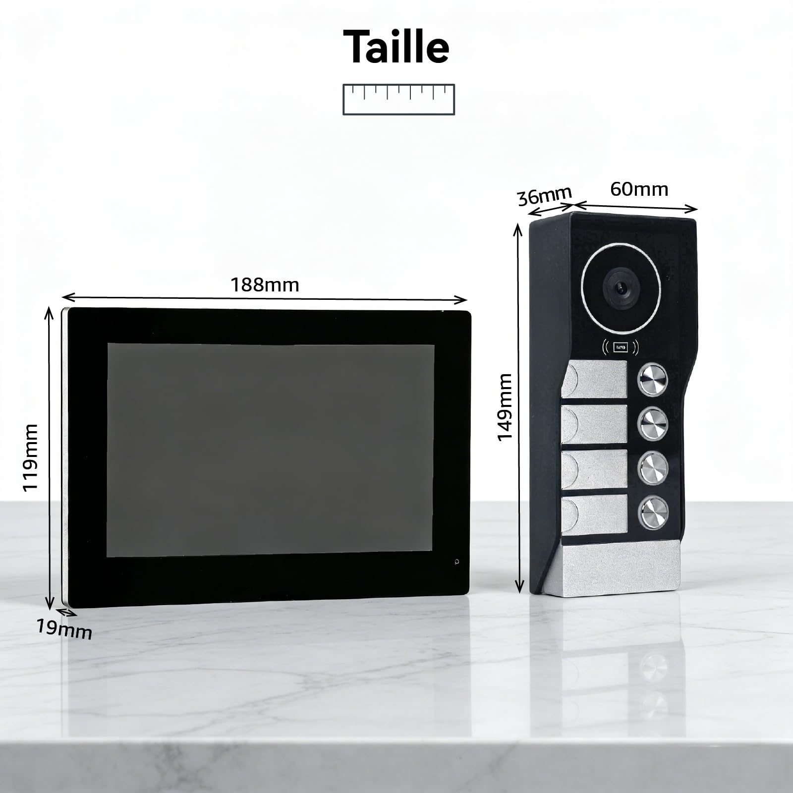 2 Fils Visiophone, Interphone Vidéo WiFi avec 7‘’ Moniteur écran Tactile,Sonnette de Caméra Vision Nocturne,Detection Humaine,APP Unlock,RFID Badges, 4-Family Kit