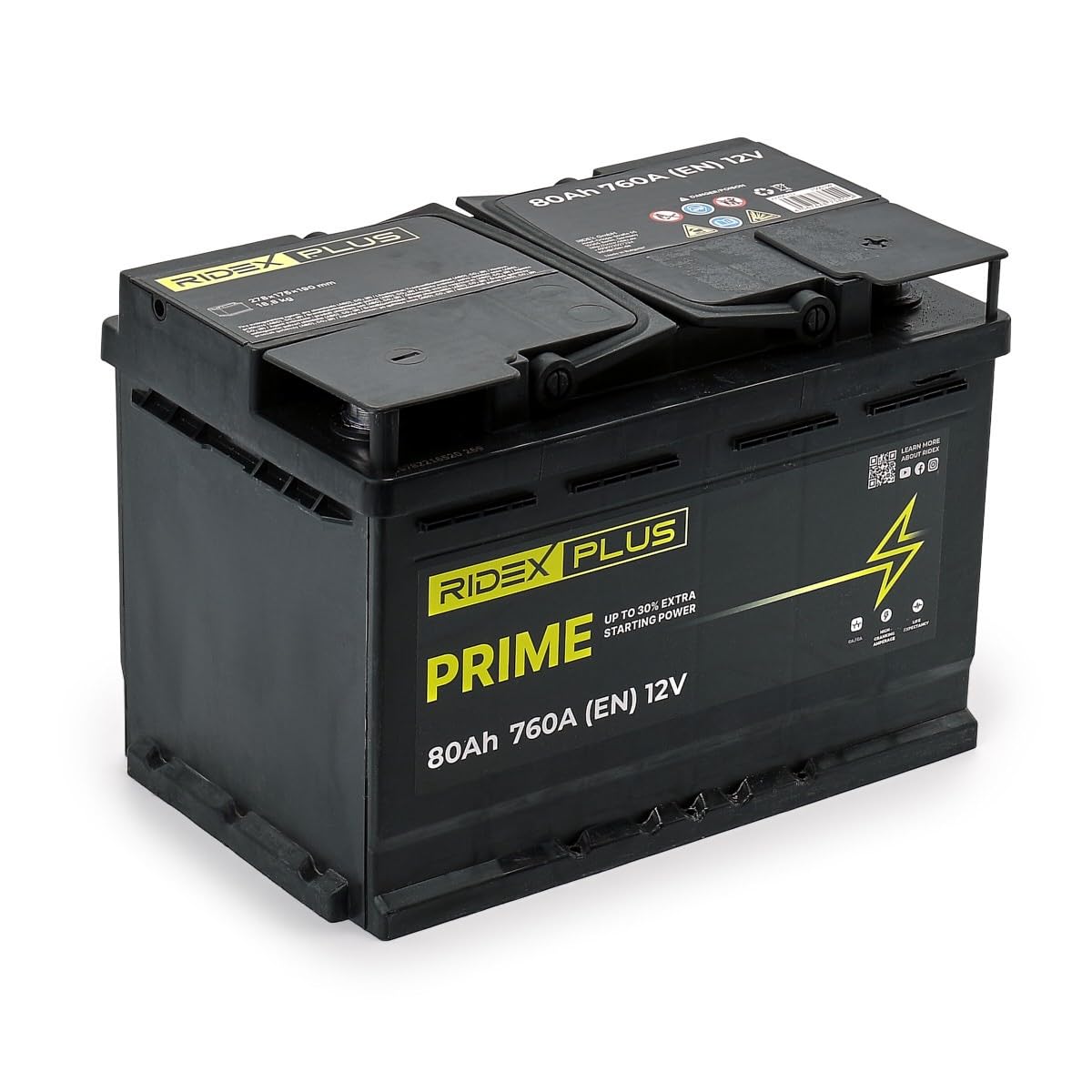 RIDEX PLUS 1S0019P Prime Batería Coche 80Ah 760A 12V B13 DIN/ISO L3 Baterías de Arranque de 75Ah 70Ah Compatible con VW Polo V Hatchback 6R1, 6C1 Golf 7 Hatchback 5G1, BQ1, BE1, BE2, PEUGEOT, SKODA