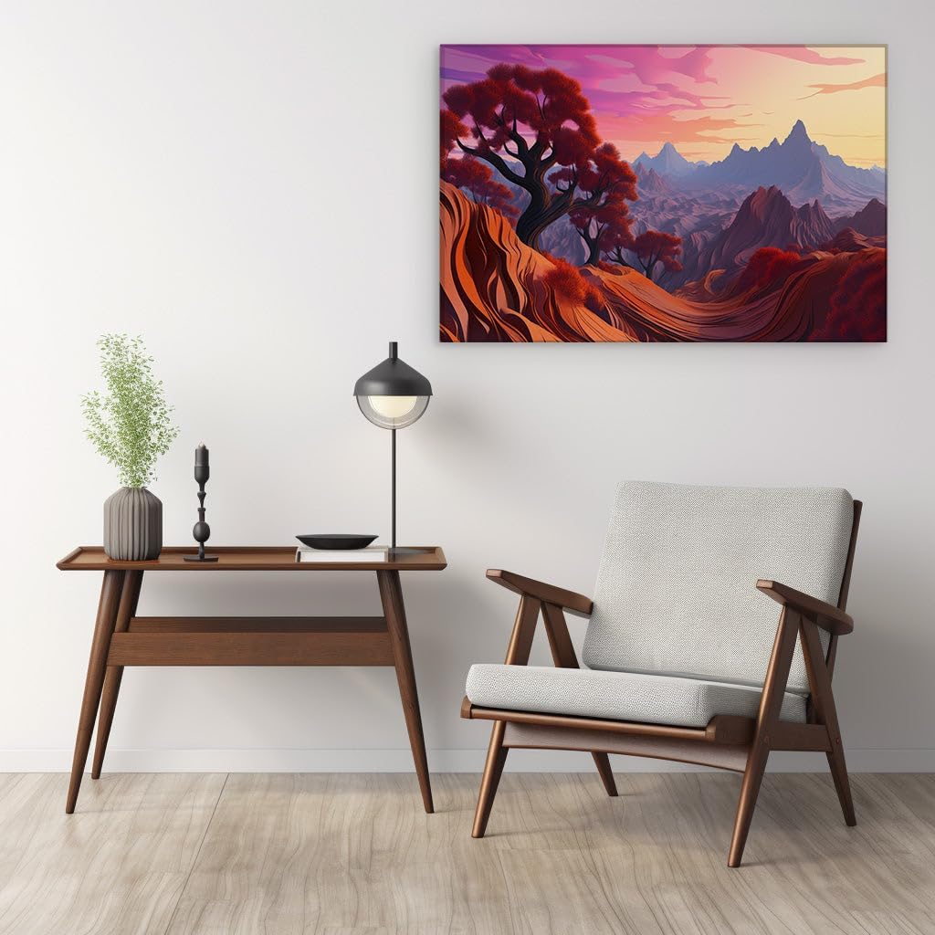 Canvas for Living Room. Autumn's Vivid Tapestry: A Digital Ode to Fall's Fiery Canopy and Mountain Silhouettes, 27 x 18 inch Canvas Wall Art - Contemporary Masterpieces - Modern Home Decor