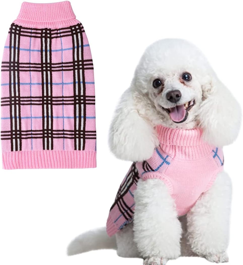 Dog Sweater Plaid Winter Clothes for Dogs Puppy Boys Girls Cream Small