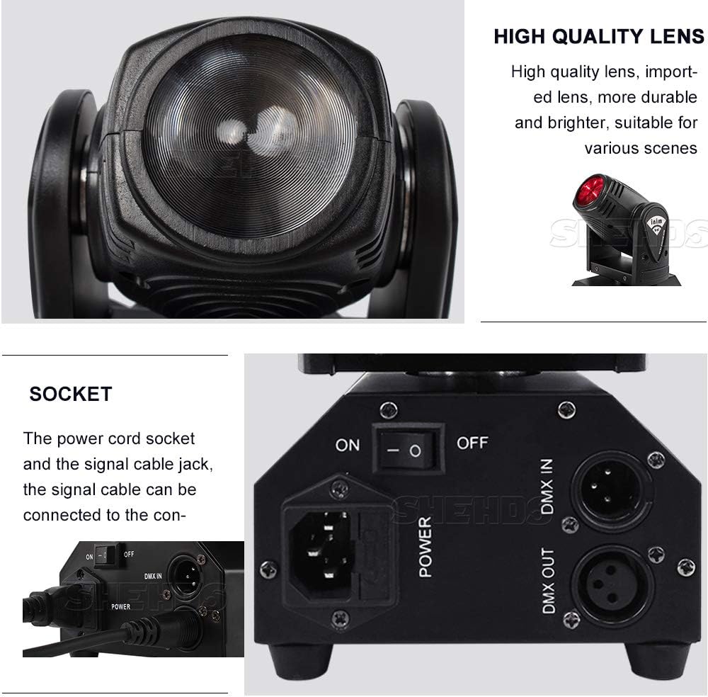 Primo piano del pannello posteriore della mini testa mobile a LED SHEHDS, che mostra l'ingresso di alimentazione, le prese DMX In e DMX Out.