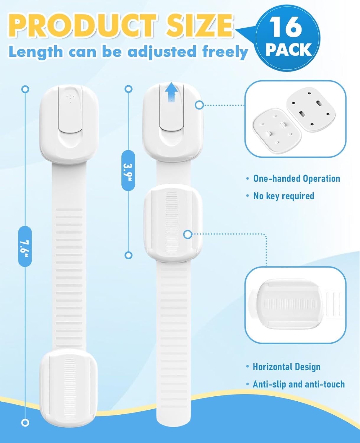 16 Pack Cabinet Locks Baby Proofing, Child Proof Cabinet Locks with 3M Adhesive - Easy Installation with Adjustable Straps, Multi-Purpose Child Safety Latches for Drawers Fridge Trash Cans Toilets