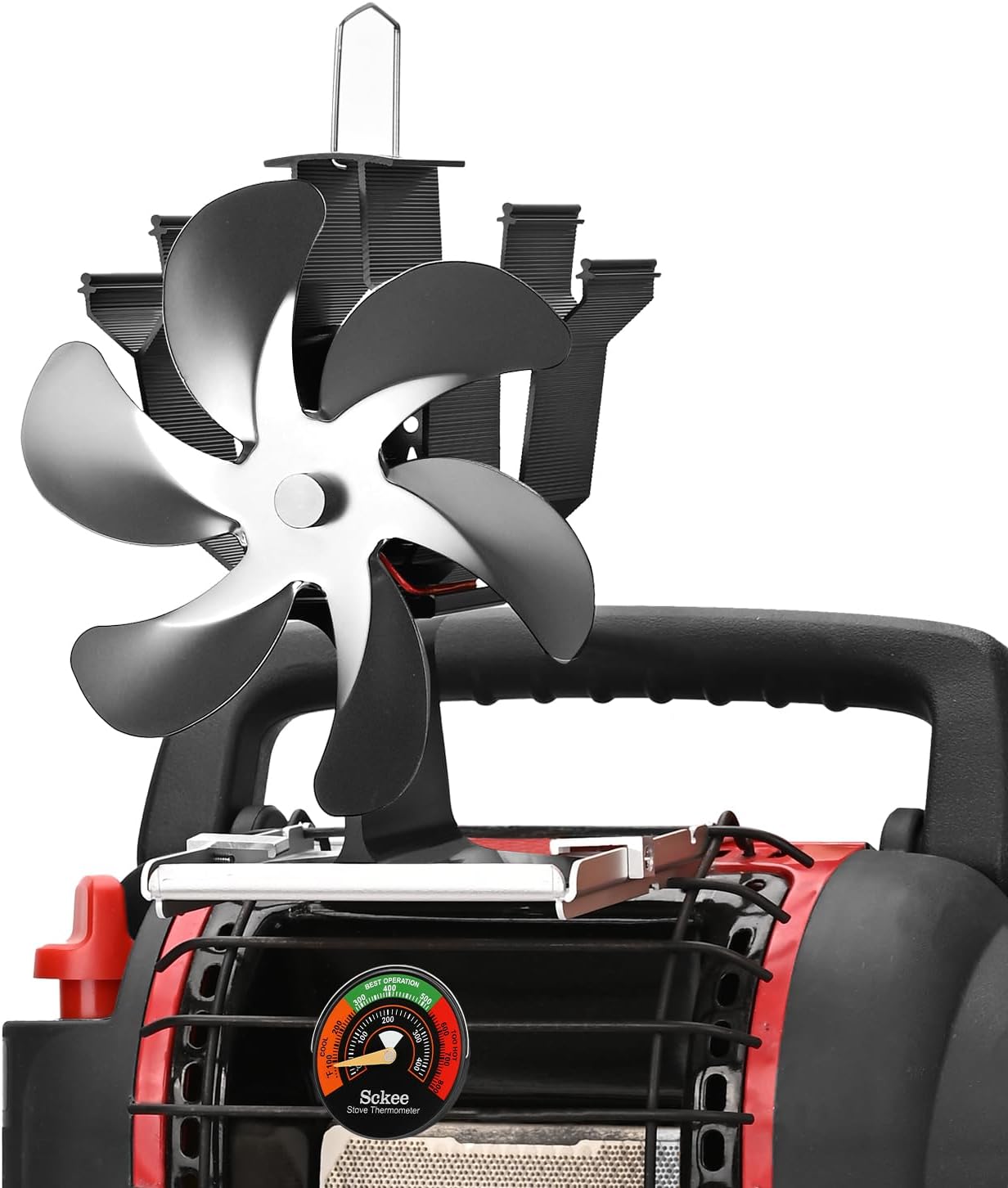 Sckee Wood Stove Fan, Heat Powered Fireplace Fan with Bracket Compatible for Log Burner Wood Burning Stove Accessory for Camping Outdoor Indoor Use (Black)