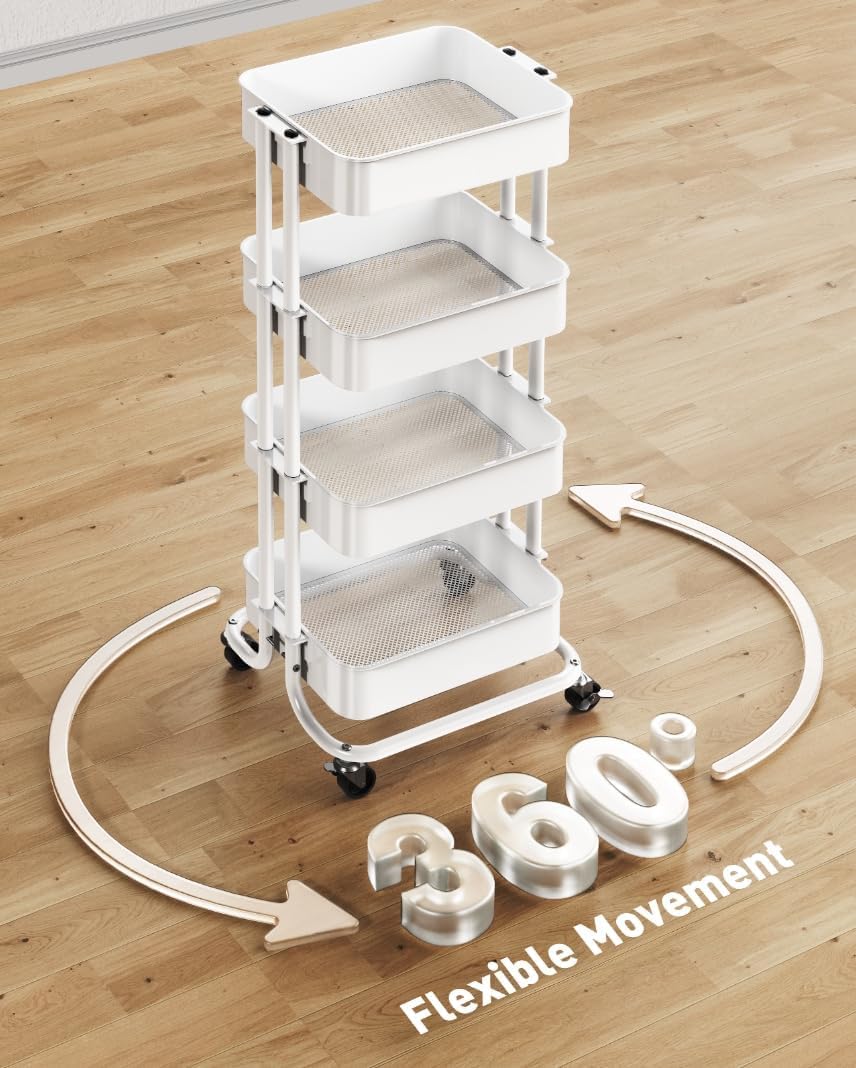 Pipishell Carrito utilitario de metal de 4 niveles, carrito de almacenamiento resistente con 2 ruedas bloqueables, carrito de utilidad de organización de malla multifuncional para cocina, comedor,
