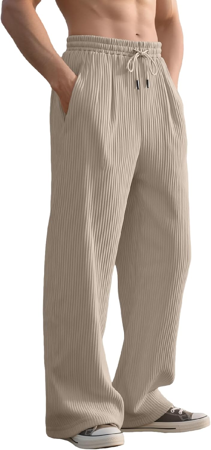Men's Baggy Sweatpants Straight Leg Open Bottom Corduroy Pants Casual Drawstring Waist Joggers with Pockets